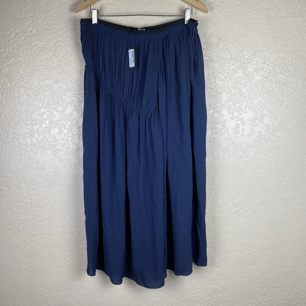 Joseph US 12 Silk Maxi Skirt Collins Pleated Asymmetric Navy Luxury Glamoratti